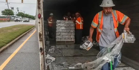 Raul Hernandez with Rhino Services helps clean up after a tractor-trailer overturned and spilled soda cans on Fulton Industrial Boulevard.