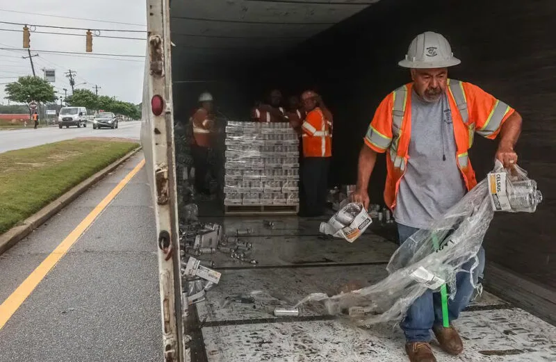 Raul Hernandez with Rhino Services helps clean up after a tractor-trailer overturned and spilled soda cans on Fulton Industrial Boulevard. Raul Hernandez with Rhino Services helps clean up after a tractor-trailer overturned and spilled soda cans on Fulton Industrial Boulevard.